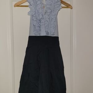 BCBGMaxAzria Blue and White Midi Dress With Ruffled Collar Size 0